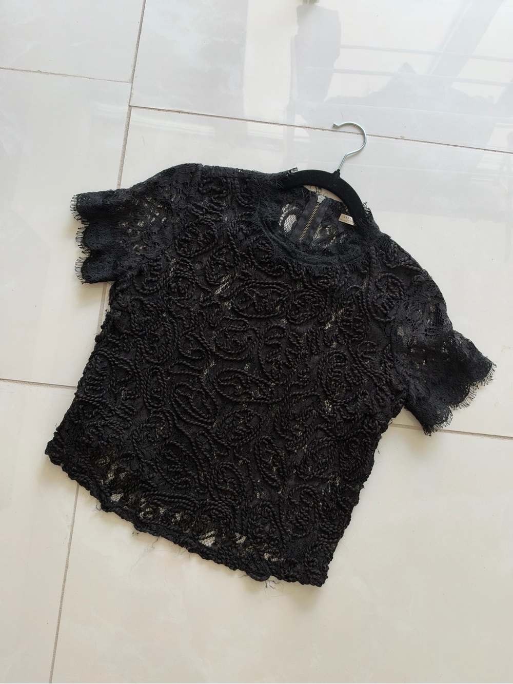 ZARA | Black Floral Lace Short Sleeve Top